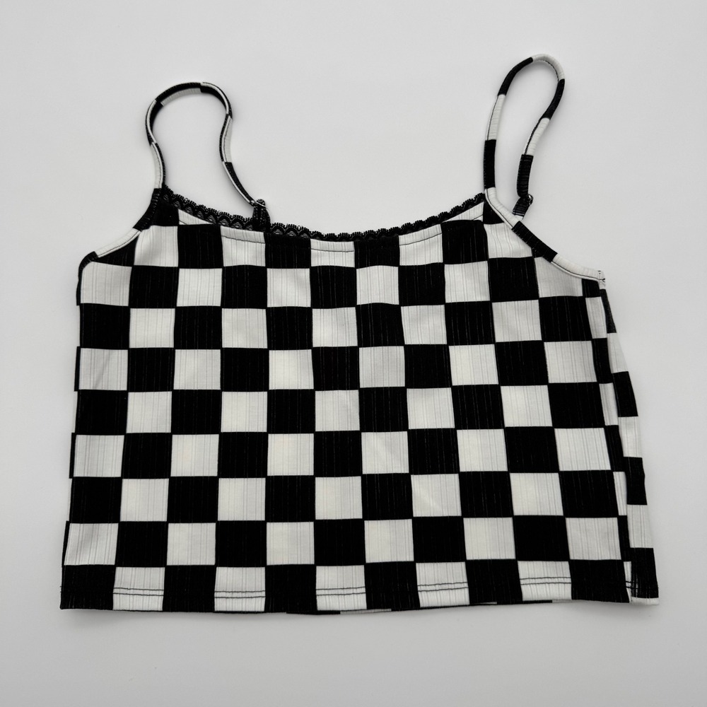 Forever‎ 21 Women Black White Checkerboard Ribbed Lace Trim Cami Crop Top Large